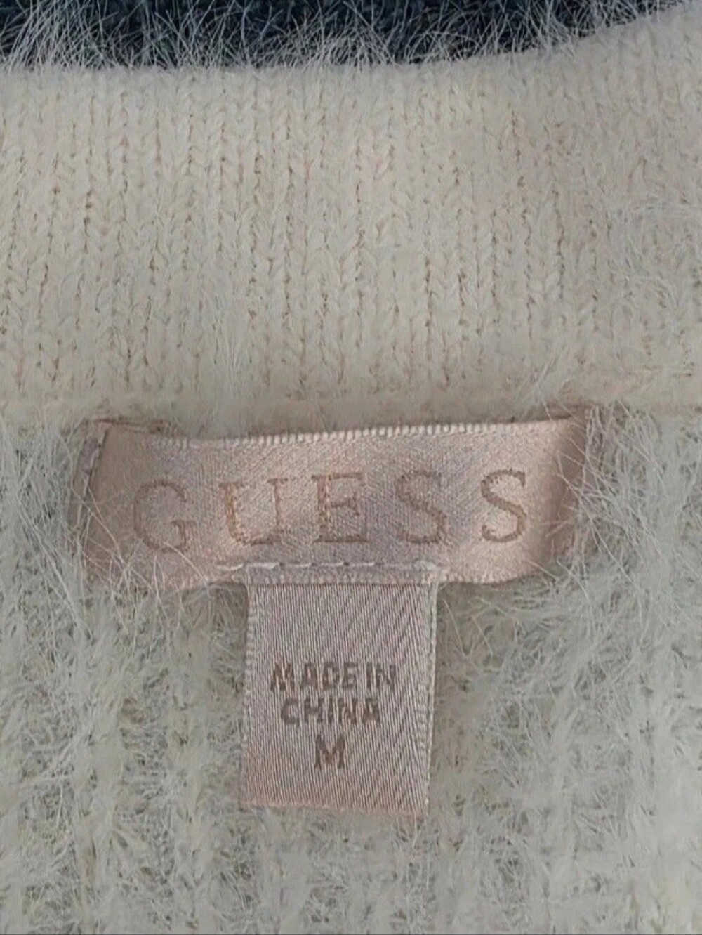 GUESS Ivory Fuzzy V-Neck Sweater with Jeweled Buttons